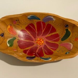 Mexican Folk Art Batea Flower Design Wood Tray Oval Bowl Hand Painted 8"
